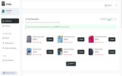 Vindy | Otimize suas vendas no Vinted e aumente seus lucros - Screenshot 1